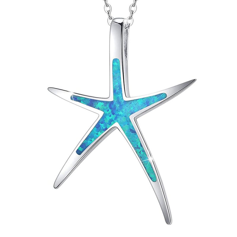 Cuoka Starfish Necklace, 925 Sterling Silver with Blue Opal, Hawaiian Beach Nautical Ocean Pendant, Starfish Jewelry Opal Jewelry for Women Girlfriend - Image 1